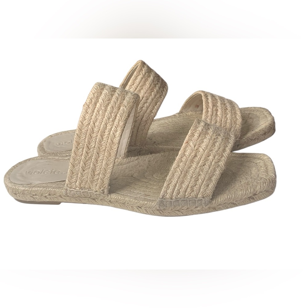 VIOLETA BY MANGO Natural Light Jute Flat Sandals Square Toe Woman’s Shoes - Picture 3 of 13